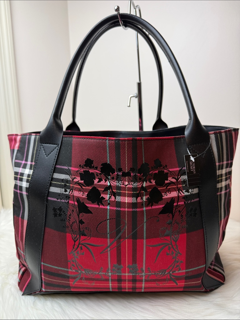 NWT Victoria's Secret Red and Black Plaid Floral Tote